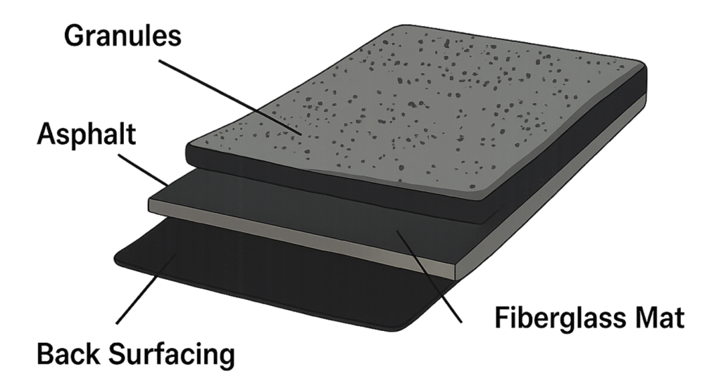 Cross-section diagram showing asphalt shingle construction layers